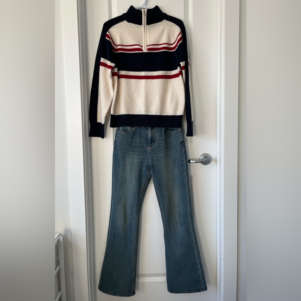 100% Wool Colorblock Half Zip Sweater M | Sporty Striped Knit Pullover